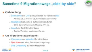 Seite 22
Sametime 9 Migrationswege „side-by-side“
Vorbereitung
Übernahme der Live Benutzerdaten für Funktionstest
Meeting DB, Advanced DB, Kontaktlisten (vpuserinfo)
Installation Sametime 9 auf neuen Maschinen
SSC, Domino/Community, Meeting, A/V, etc.
Import der Test Benutzerdaten
Test auf Funktion, Meetingzugriffe, etc.
Am Migrationstag/zeitpunkt
Übernahme der aktuellen Benutzerdaten
Shut down der alten Sametime Umgebung
DNS Umstellung auf neue Maschinen
 
