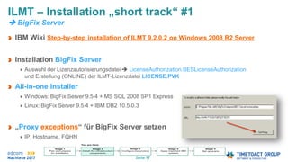 Seite 17
IBM Wiki Step-by-step installation of ILMT 9.2.0.2 on Windows 2008 R2 Server
Installation BigFix Server
Auswahl der Lizenzautorisierungsdatei  LicenseAuthorization.BESLicenseAuthorization
und Erstellung (ONLINE) der ILMT-Lizenzdatei LICENSE.PVK
All-in-one Installer
Windows: BigFix Server 9.5.4 + MS SQL 2008 SP1 Express
Linux: BigFix Server 9.5.4 + IBM DB2 10.5.0.3
„Proxy exceptions“ für BigFix Server setzen
IP, Hostname, FQHN
ILMT – Installation „short track“ #1
 BigFix Server
 