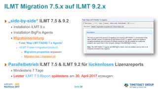 Seite 30
„side-by-side“ ILMT 7.5 & 9.2
Installation ILMT 9.x
Installation BigFix Agents
Migrationsanleitung
Fixlet “Map LMT/TAD4D 7.x Agents“
<ILMT Folder>migrationproduct
Migration.properties anpassen
Migration.bat / migration.sh
Parallelbetrieb ILMT 7.5 & ILMT 9.2 für lückenloses Lizenzreports
Mindestens 7 Tage
Letzter ILMT 7.5 Report spätestens am 30. April 2017 erzeugen.
ILMT Migration 7.5.x auf ILMT 9.2.x
 