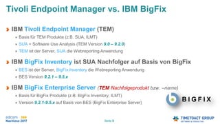 Seite 5
IBM Tivoli Endpoint Manager (TEM)
Basis für TEM Produkte (z.B. SUA, ILMT)
SUA = Software Use Analysis (TEM Version 9.0 – 9.2.0)
TEM ist der Server, SUA die Webreporting Anwendung
IBM BigFix Inventory ist SUA Nachfolger auf Basis von BigFix
BES ist der Server, BigFix Inventory die Webreporting Anwendung
BES Version 9.2.1 – 9.5.x
IBM BigFix Enterprise Server (TEM Nachfolgeprodukt bzw. –name)
Basis für BigFix Produkte (z.B. BigFix Inventory, ILMT)
Version 9.2.1-9.5.x auf Basis von BES (BigFix Enterprise Server)
Tivoli Endpoint Manager vs. IBM BigFix
 