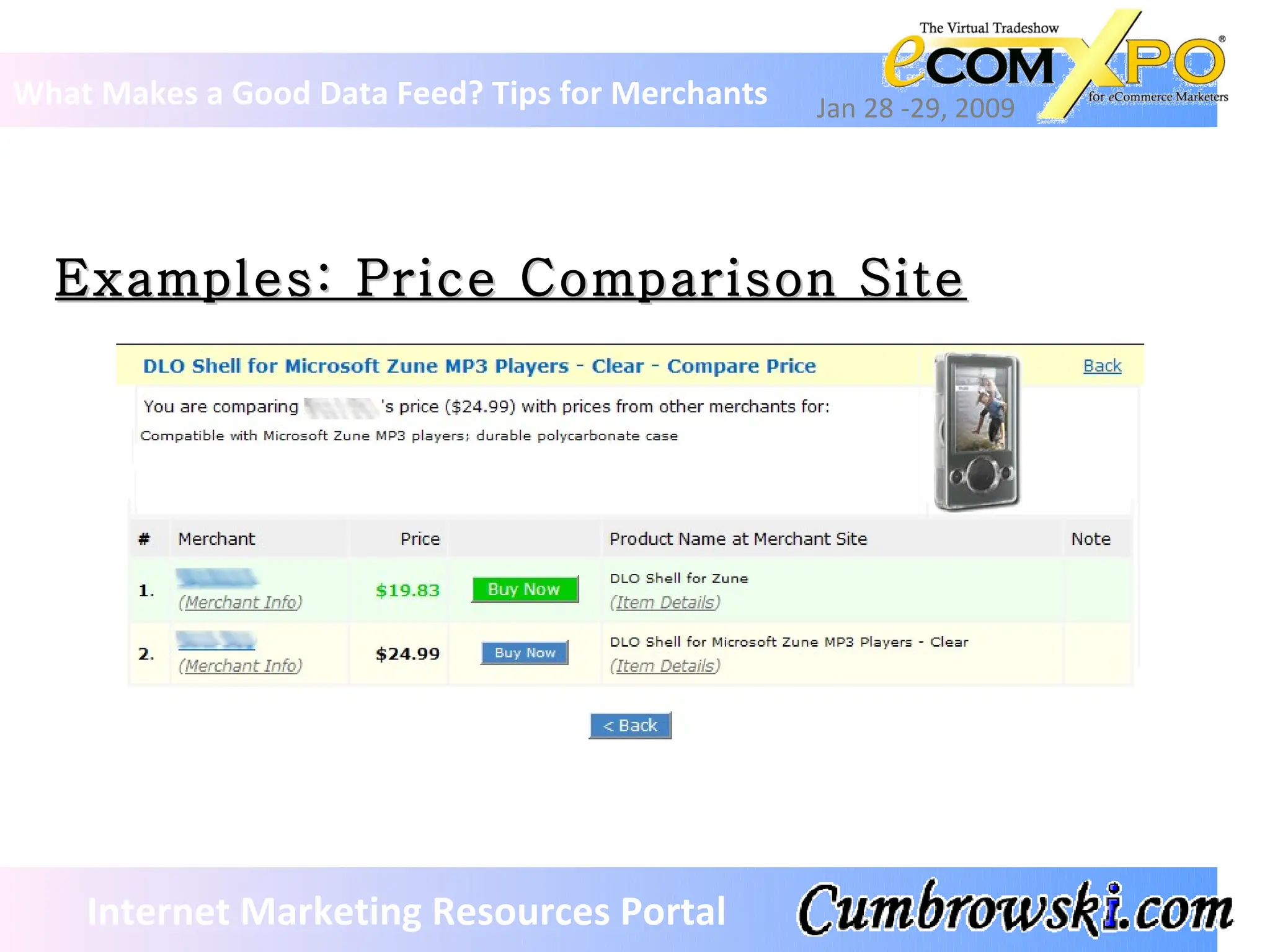 Examples: Price Comparison Site What Makes a Good Data Feed? Tips for Merchants Jan 28 -29, 2009 Internet Marketing Resources Portal 