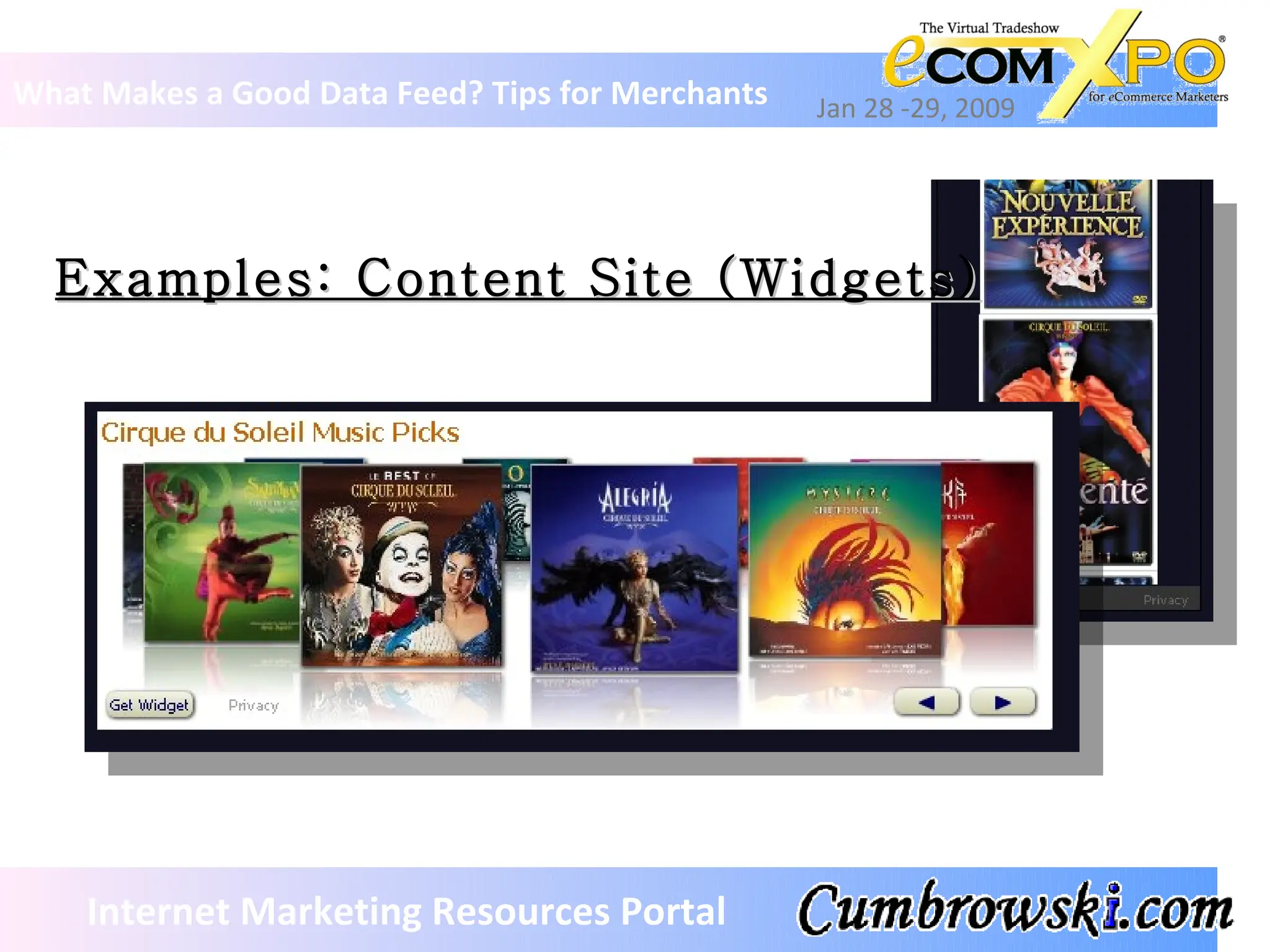 Examples: Content Site (Widgets) What Makes a Good Data Feed? Tips for Merchants Jan 28 -29, 2009 Internet Marketing Resources Portal 