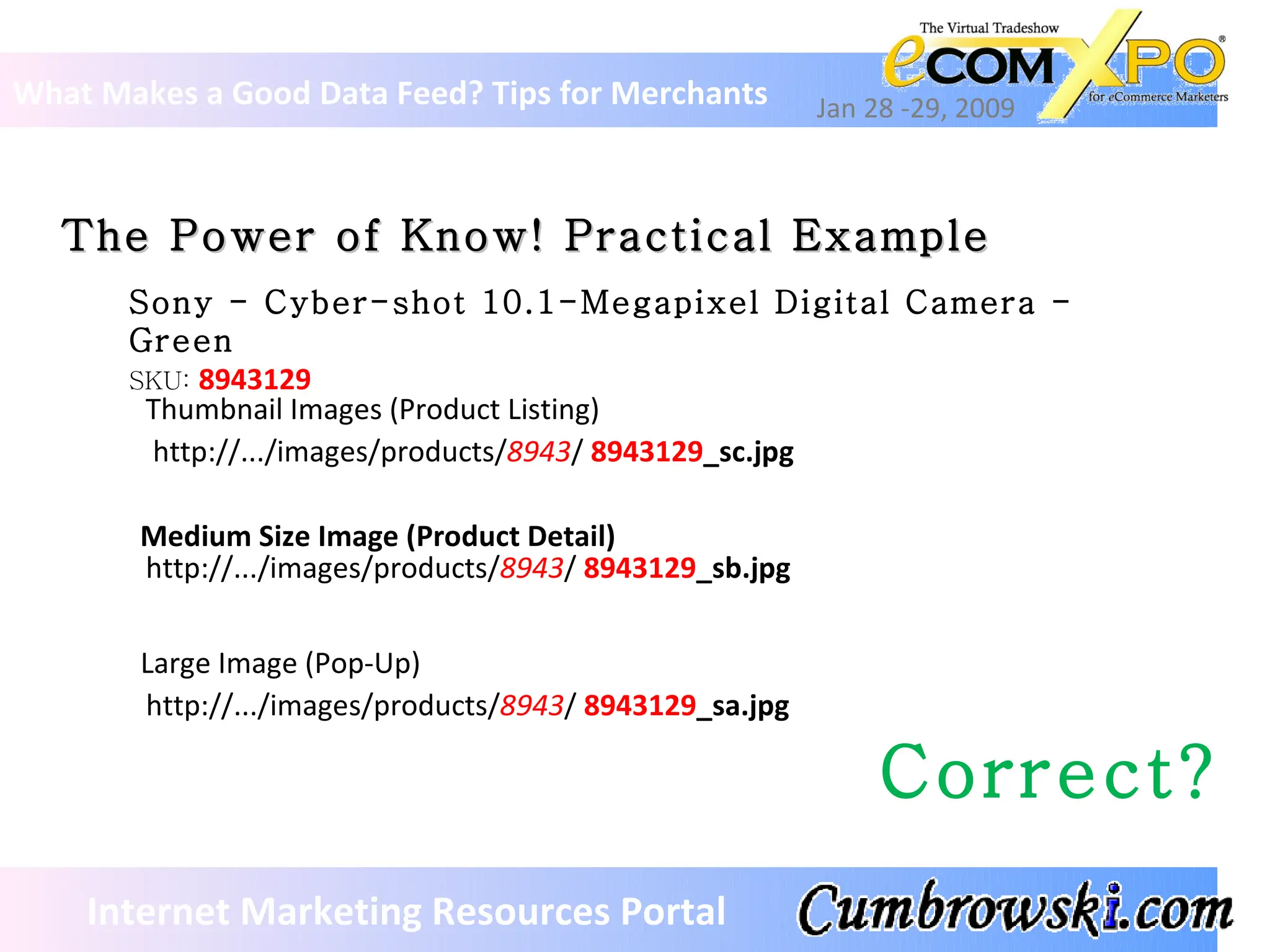 What Makes a Good Data Feed? Tips for Merchants Jan 28 -29, 2009 Internet Marketing Resources Portal The Power of Know! Practical Example Sony - Cyber-shot 10.1-Megapixel Digital Camera - Green SKU:  8943129 http://.../images/products/ 8943 /  8943129 _sc.jpg http://.../images/products/ 8943 /  8943129 _sb.jpg http://.../images/products/ 8943 /  8943129 _sa.jpg Thumbnail Images (Product Listing) Medium Size Image (Product Detail) Large Image (Pop-Up) Correct? 
