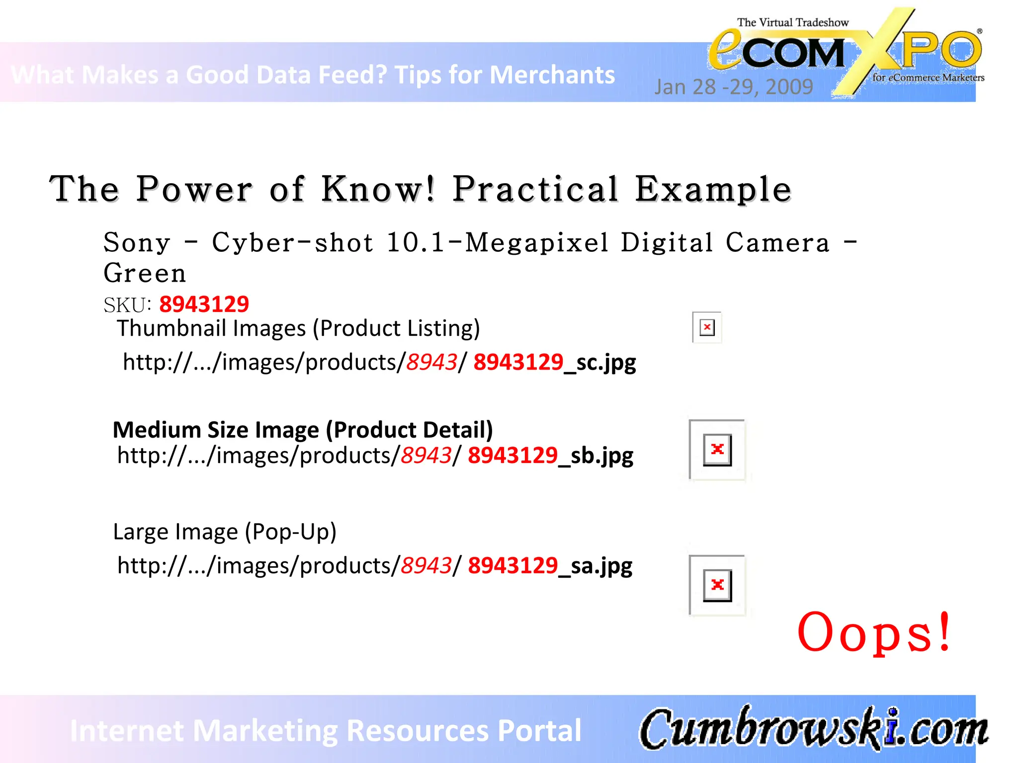What Makes a Good Data Feed? Tips for Merchants Jan 28 -29, 2009 Internet Marketing Resources Portal The Power of Know! Practical Example Sony - Cyber-shot 10.1-Megapixel Digital Camera - Green SKU:  8943129 http://.../images/products/ 8943 /  8943129 _sc.jpg http://.../images/products/ 8943 /  8943129 _sb.jpg http://.../images/products/ 8943 /  8943129 _sa.jpg Thumbnail Images (Product Listing) Medium Size Image (Product Detail) Large Image (Pop-Up) Oops! 