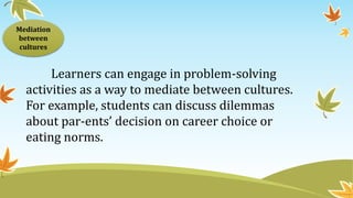Learners can engage in problem-solving
activities as a way to mediate between cultures.
For example, students can discuss dilemmas
about par-ents’ decision on career choice or
eating norms.
Mediation
between
cultures
 