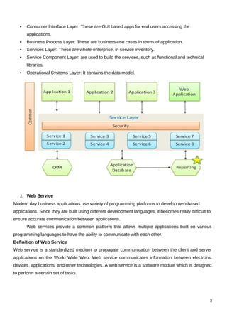  Consumer Interface Layer: These are GUI based apps for end users accessing the
applications.
 Business Process Layer: These are business-use cases in terms of application.
 Services Layer: These are whole-enterprise, in service inventory.
 Service Component Layer: are used to build the services, such as functional and technical
libraries.
 Operational Systems Layer: It contains the data model.
2. Web Service
Modern day business applications use variety of programming platforms to develop web-based
applications. Since they are built using different development languages, it becomes really difficult to
ensure accurate communication between applications.
Web services provide a common platform that allows multiple applications built on various
programming languages to have the ability to communicate with each other.
Definition of Web Service
Web service is a standardized medium to propagate communication between the client and server
applications on the World Wide Web. Web service communicates information between electronic
devices, applications, and other technologies. A web service is a software module which is designed
to perform a certain set of tasks.
3
 