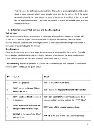This increases the traffic across the network. The cache is a concept implemented on the
client to store requests which have already been sent to the server. So if the same
request is given by the client, instead of going to the server, it would go to the cache and
get the required information. This saves the amount of to and for network traffic from the
client to the server.
3. Difference between Web services and Cloud computing
Web services
Web services provide developers methods of integrating Web applications over the Internet. XML,
SOAP, WSDL and UDDI open standards are used to tag data, transfer data, describe and list
services available. Web services allow organizations to share data without having direct access or
knowledge of systems beyond the firewall.
Cloud services
Cloud services provide access to a server infrastructure that's managed by the provider. Typically,
cloud services provide data storage and access, security, scalability and the associated updates.
Cloud services provide the back end that Web applications need to function.
There are many differences between SOAP and REST web services. The important 10 differences
between SOAP and REST are given below:
No. SOAP REST
1) SOAP is a protocol. REST is an architectural style.
2)
SOAP stands for Simple Object
Access Protocol.
REST stands for REpresentational State Transfer.
3)
SOAP can't use REST because it
is a protocol.
REST can use SOAP web services because it is a
concept and can use any protocol like HTTP, SOAP.
4)
SOAP uses services interfaces
to expose the business logic.
REST uses URI to expose business logic.
5)
JAX-WS is the java API for SOAP
web services.
JAX-RS is the java API for RESTful web services.
7
 