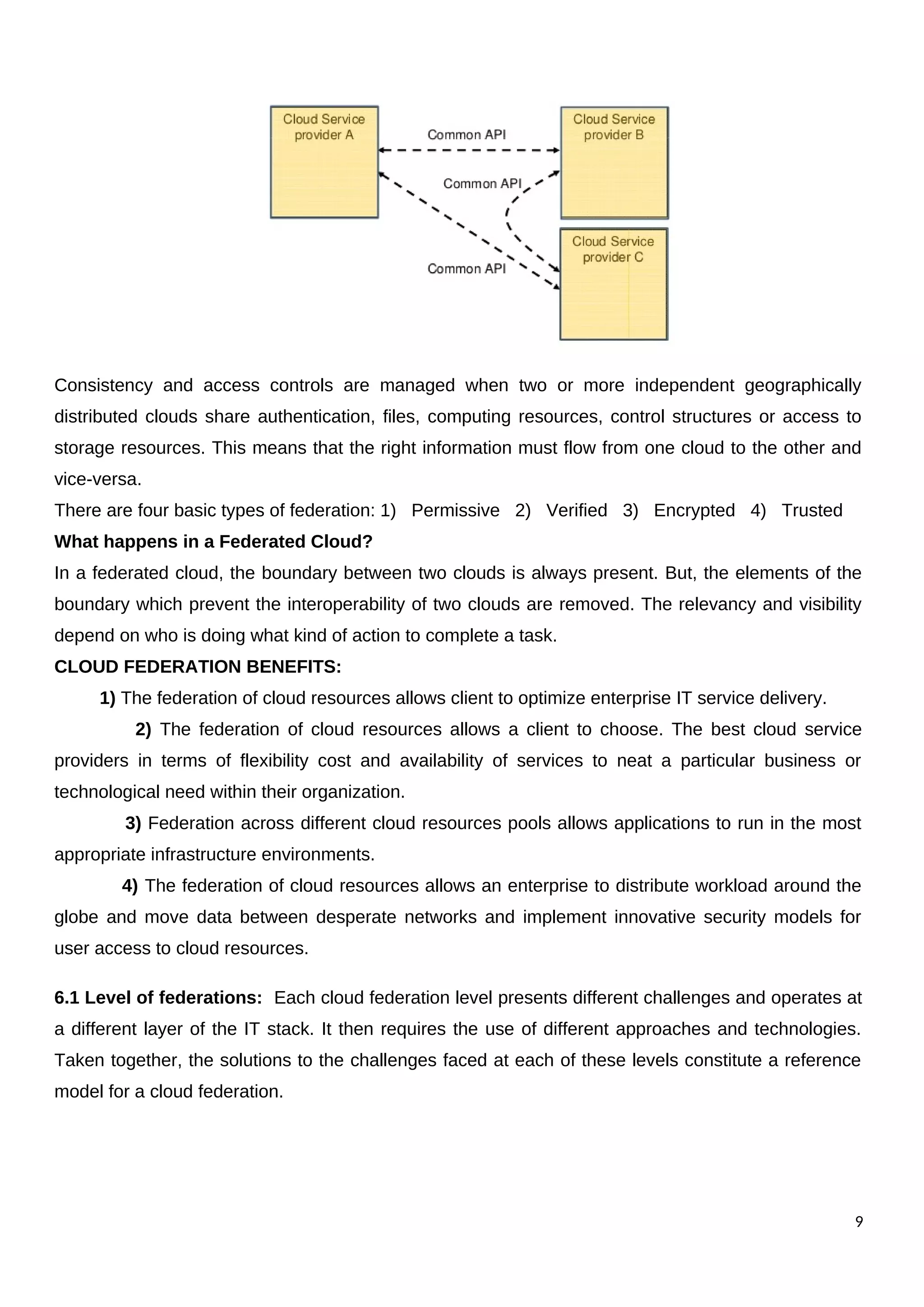 Consistency and access controls are managed when two or more independent geographically
distributed clouds share authentication, files, computing resources, control structures or access to
storage resources. This means that the right information must flow from one cloud to the other and
vice-versa.
There are four basic types of federation: 1) Permissive 2) Verified 3) Encrypted 4) Trusted
What happens in a Federated Cloud?
In a federated cloud, the boundary between two clouds is always present. But, the elements of the
boundary which prevent the interoperability of two clouds are removed. The relevancy and visibility
depend on who is doing what kind of action to complete a task.
CLOUD FEDERATION BENEFITS:
1) The federation of cloud resources allows client to optimize enterprise IT service delivery.
2) The federation of cloud resources allows a client to choose. The best cloud service
providers in terms of flexibility cost and availability of services to neat a particular business or
technological need within their organization.
3) Federation across different cloud resources pools allows applications to run in the most
appropriate infrastructure environments.
4) The federation of cloud resources allows an enterprise to distribute workload around the
globe and move data between desperate networks and implement innovative security models for
user access to cloud resources.
6.1 Level of federations: Each cloud federation level presents different challenges and operates at
a different layer of the IT stack. It then requires the use of different approaches and technologies.
Taken together, the solutions to the challenges faced at each of these levels constitute a reference
model for a cloud federation.
9
 