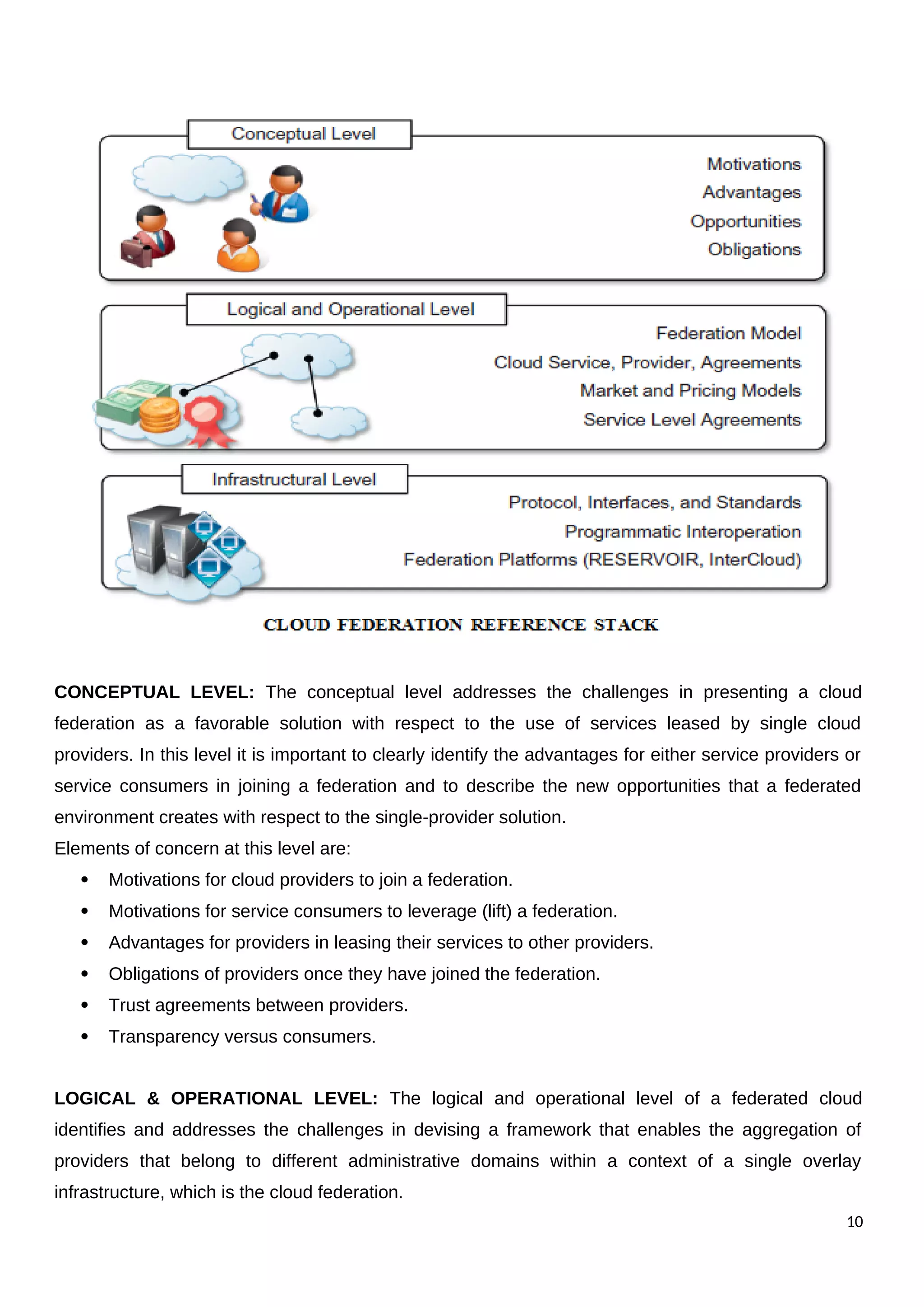 CONCEPTUAL LEVEL: The conceptual level addresses the challenges in presenting a cloud
federation as a favorable solution with respect to the use of services leased by single cloud
providers. In this level it is important to clearly identify the advantages for either service providers or
service consumers in joining a federation and to describe the new opportunities that a federated
environment creates with respect to the single-provider solution.
Elements of concern at this level are:
 Motivations for cloud providers to join a federation.
 Motivations for service consumers to leverage (lift) a federation.
 Advantages for providers in leasing their services to other providers.
 Obligations of providers once they have joined the federation.
 Trust agreements between providers.
 Transparency versus consumers.
LOGICAL & OPERATIONAL LEVEL: The logical and operational level of a federated cloud
identifies and addresses the challenges in devising a framework that enables the aggregation of
providers that belong to different administrative domains within a context of a single overlay
infrastructure, which is the cloud federation.
10
 