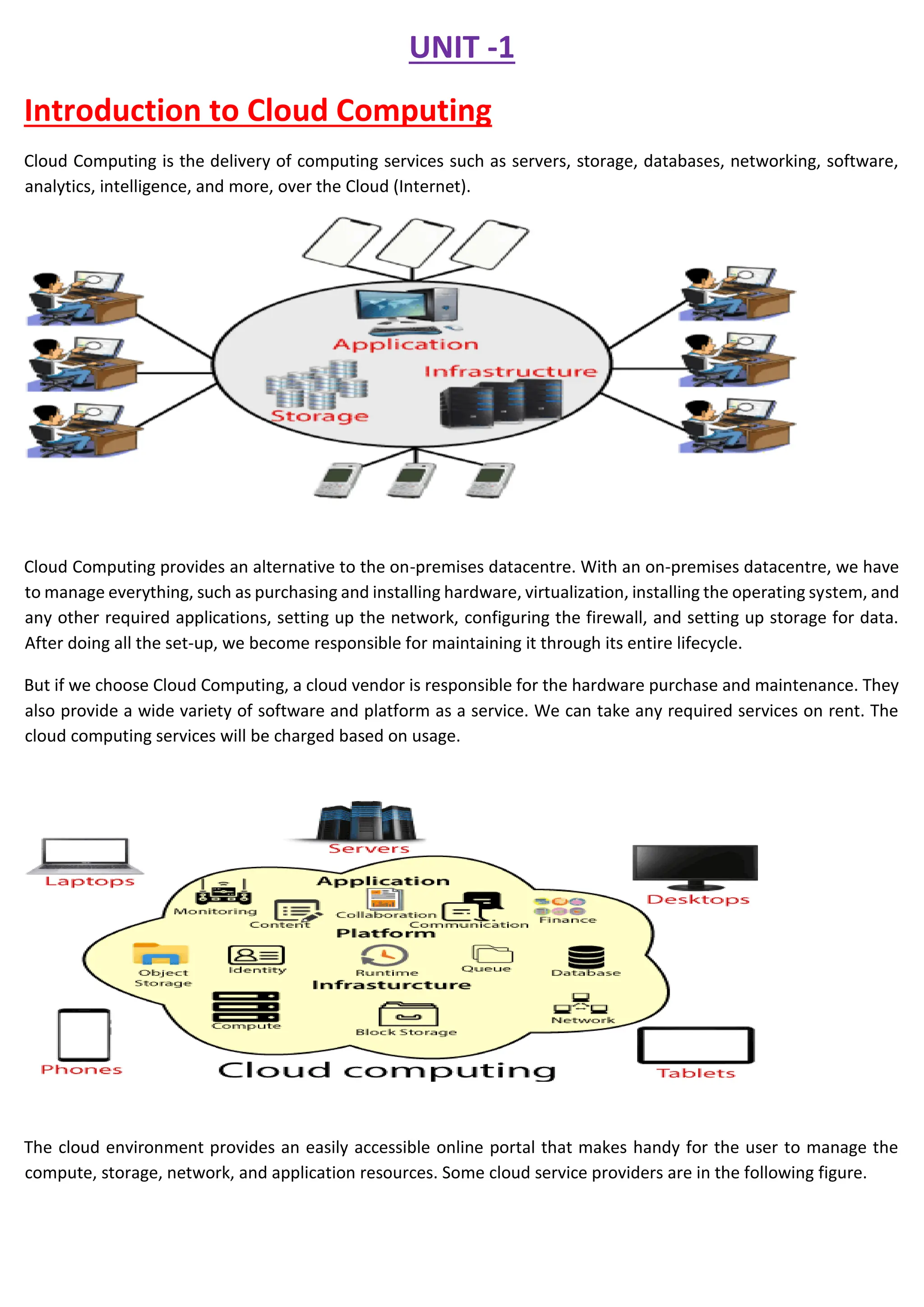 UNIT -1
Introduction to Cloud Computing
Cloud Computing is the delivery of computing services such as servers, storage, databases, networking, software,
analytics, intelligence, and more, over the Cloud (Internet).
Cloud Computing provides an alternative to the on-premises datacentre. With an on-premises datacentre, we have
to manage everything, such as purchasing and installing hardware, virtualization, installing the operating system, and
any other required applications, setting up the network, configuring the firewall, and setting up storage for data.
After doing all the set-up, we become responsible for maintaining it through its entire lifecycle.
But if we choose Cloud Computing, a cloud vendor is responsible for the hardware purchase and maintenance. They
also provide a wide variety of software and platform as a service. We can take any required services on rent. The
cloud computing services will be charged based on usage.
The cloud environment provides an easily accessible online portal that makes handy for the user to manage the
compute, storage, network, and application resources. Some cloud service providers are in the following figure.
 