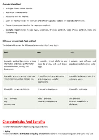 Characteristics of SaaS
o Managed from a central location
o Hosted on a remote server
o Accessible over the internet
o Users are not responsible for hardware and software updates. Updates are applied automatically.
o The services are purchased on the pay-as-per-use basis
o Example: BigCommerce, Google Apps, Salesforce, Dropbox, ZenDesk, Cisco WebEx, ZenDesk, Slack, and
GoToMeeting.
Difference between IaaS, PaaS, and SaaS
The below table shows the difference between IaaS, PaaS, and SaaS -
IaaS Paas SaaS
It provides a virtual data center to store
information and create platforms for
app development, testing, and
deployment.
It provides virtual platforms and
tools to create, test, and deploy
apps.
It provides web software and
apps to complete business tasks.
It provides access to resources such as
virtual machines, virtual storage, etc.
It provides runtime environments
and deployment tools for
applications.
It provides software as a service
to the end-users.
It is used by network architects. It is used by developers. It is used by end users.
IaaS provides
only
Infrastructure.
PaaS provides
Infrastructure+Platform.
SaaS provides
Infrastructure+Platform
+Software.
Characteristics And Benefits
The characteristics of cloud computing are given below:
1) Agility
The cloud works in a distributed computing environment. It shares resources among users and works very fast.
 