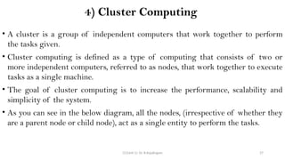 CC(Unit 1): Dr. B.Rajalingam 27
4) Cluster Computing
• A cluster is a group of independent computers that work together to perform
the tasks given.
• Cluster computing is defined as a type of computing that consists of two or
more independent computers, referred to as nodes, that work together to execute
tasks as a single machine.
• The goal of cluster computing is to increase the performance, scalability and
simplicity of the system.
• As you can see in the below diagram, all the nodes, (irrespective of whether they
are a parent node or child node), act as a single entity to perform the tasks.
 
