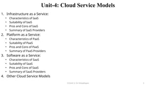 CC(Unit 1): Dr. B.Rajalingam 5
Unit-4: Cloud Service Models
1. Infrastructure as a Service:
• Characteristics of IaaS
• Suitability of IaaS
• Pros and Cons of IaaS
• Summary of IaaS Providers
2. Platform as a Service:
• Characteristics of PaaS
• Suitability of PaaS
• Pros and Cons of PaaS
• Summary of PaaS Providers
3. Software as a Service:
• Characteristics of SaaS
• Suitability of SaaS
• Pros and Cons of SaaS
• Summary of SaaS Providers
4. Other Cloud Service Models
 