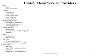 CC(Unit 1): Dr. B.Rajalingam 6
Unit-5: Cloud Service Providers
1. EMC:
• EMC IT
• Captiva Cloud Toolkit
2. Google:
• Cloud Platform
• Cloud Storage
• Google Cloud Connect
• Google Cloud Print
• Google App Engine
3. Amazon Web Services:
• Amazon Elastic Compute Cloud
• Amazon Simple Storage Service
• Amazon Simple Queue
4. Service Microsoft:
• Windows Azure
• Microsoft Assessment and Planning Toolkit
• SharePoint,
5. IBM:
• Cloud Models
• IBM Smart Cloud
6. SAP Labs:
• SAP HANA Cloud Platform,
• Virtualization Services Provided by SAP
7. Sales force:
• Sales Cloud
• Service Cloud: Knowledge as a Service
• Rack space
• VMware, Manjra soft, Aneka Platform
 