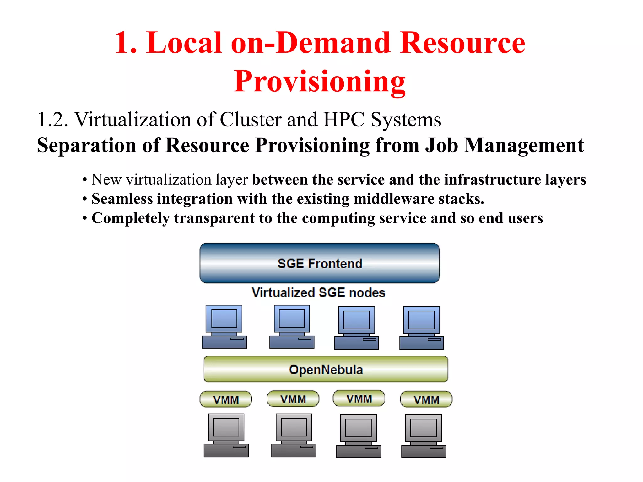 1. Local on-Demand Resource
Provisioning
1.2. Virtualization of Cluster and HPC Systems
Separation of Resource Provisioning from Job Management
• New virtualization layer between the service and the infrastructure layers
• Seamless integration with the existing middleware stacks.
• Completely transparent to the computing service and so end users
 