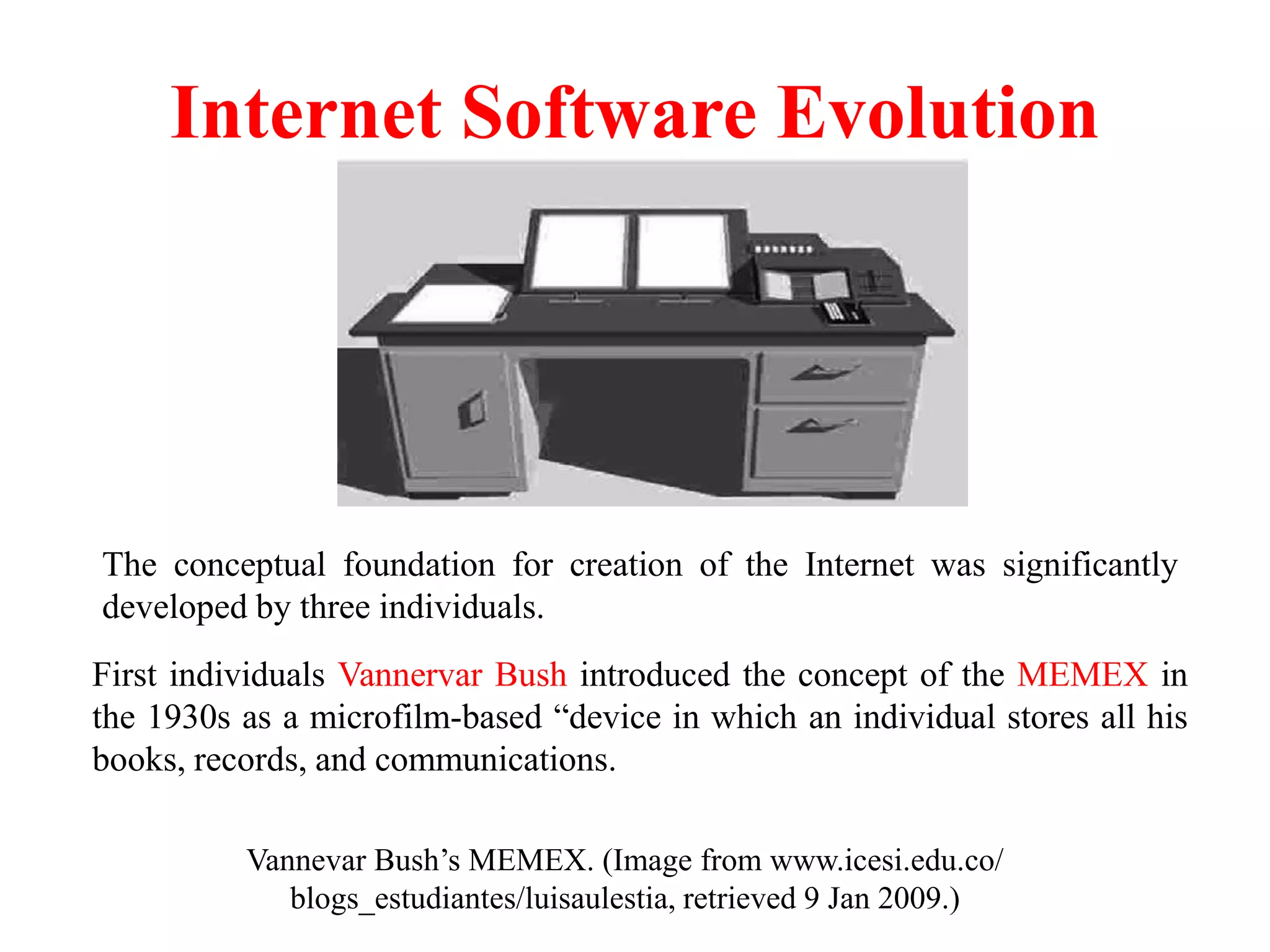 Internet Software Evolution
Vannevar Bush’s MEMEX. (Image from www.icesi.edu.co/
blogs_estudiantes/luisaulestia, retrieved 9 Jan 2009.)
First individuals Vannervar Bush introduced the concept of the MEMEX in
the 1930s as a microfilm-based “device in which an individual stores all his
books, records, and communications.
The conceptual foundation for creation of the Internet was significantly
developed by three individuals.
 