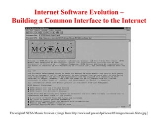 Internet Software Evolution –
Building a Common Interface to the Internet
The original NCSA Mosaic browser. (Image from http://www.nsf.gov/od/lpa/news/03/images/mosaic.6beta.jpg.)
 