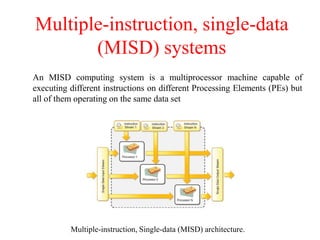 Multiple-instruction, single-data
(MISD) systems
An MISD computing system is a multiprocessor machine capable of
executing different instructions on different Processing Elements (PEs) but
all of them operating on the same data set
Multiple-instruction, Single-data (MISD) architecture.
 