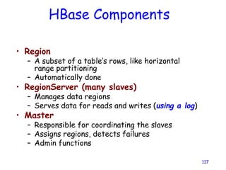 HBase Components
• Region
– A subset of a table’s rows, like horizontal
range partitioning
– Automatically done
• RegionServer (many slaves)
– Manages data regions
– Serves data for reads and writes (using a log)
• Master
– Responsible for coordinating the slaves
– Assigns regions, detects failures
– Admin functions
117
 