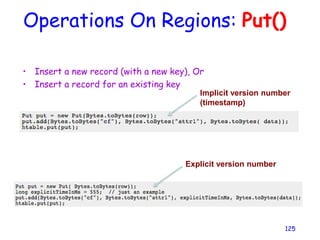 Operations On Regions: Put()
• Insert a new record (with a new key), Or
• Insert a record for an existing key
125
Implicit version number
(timestamp)
Explicit version number
 