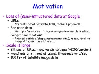 Motivation
• Lots of (semi-)structured data at Google
– URLs:
• Contents, crawl metadata, links, anchors, pagerank, …
– Per-user data:
• User preference settings, recent queries/search results, …
– Geographic locations:
• Physical entities (shops, restaurants, etc.), roads, satellite
image data, user annotations, …
• Scale is large
– Billions of URLs, many versions/page (~20K/version)
– Hundreds of millions of users, thousands or q/sec
– 100TB+ of satellite image data
 