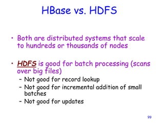 HBase vs. HDFS
• Both are distributed systems that scale
to hundreds or thousands of nodes
• HDFS is good for batch processing (scans
over big files)
– Not good for record lookup
– Not good for incremental addition of small
batches
– Not good for updates
99
 
