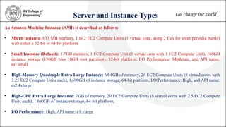 Server and Instance Types
An Amazon Machine Instance (AMI) is described as follows:
• Micro Instance: 633 MB memory, 1 to 2 EC2 Compute Units (1 virtual core, using 2 Cus for short periodic bursts)
with either a 32-bit or 64-bit platform
• Small Instance (Default): 1.7GB memory, 1 EC2 Compute Unit (1 virtual core with 1 EC2 Compute Unit), 160GB
instance storage (150GB plus 10GB root partition), 32-bit platform, I/O Performance: Moderate, and API name:
m1.small
• High-Memory Quadruple Extra Large Instance: 68.4GB of memory, 26 EC2 Compute Units (8 virtual cores with
3.25 EC2 Compute Units each), 1,690GB of instance storage, 64-bit platform, I/O Performance: High, and API name:
m2.4xlarge
• High-CPU Extra Large Instance: 7GB of memory, 20 EC2 Compute Units (8 virtual cores with 2.5 EC2 Compute
Units each), 1,690GB of instance storage, 64-bit platform,
• I/O Performance: High, API name: c1.xlarge
 