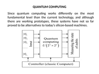 Since quantum computing works differently on the most
fundamental level than the current technology, and although
there are working prototypes, these systems have not so far
proved to be alternatives to today’s silicon-based machines.
QUANTUM COMPUTING
 