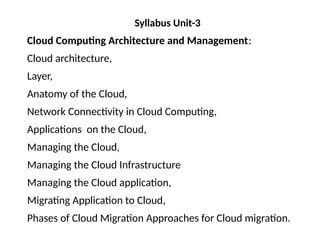 Syllabus Unit-3
Cloud Computing Architecture and Management:
Cloud architecture,
Layer,
Anatomy of the Cloud,
Network Connectivity in Cloud Computing,
Applications on the Cloud,
Managing the Cloud,
Managing the Cloud Infrastructure
Managing the Cloud application,
Migrating Application to Cloud,
Phases of Cloud Migration Approaches for Cloud migration.
 