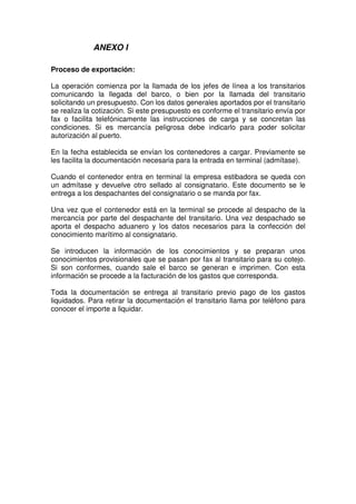 ANEXO I

Proceso de exportación:

La operación comienza por la llamada de los jefes de línea a los transitarios
comunicando la llegada del barco, o bien por la llamada del transitario
solicitando un presupuesto. Con los datos generales aportados por el transitario
se realiza la cotización. Si este presupuesto es conforme el transitario envía por
fax o facilita telefónicamente las instrucciones de carga y se concretan las
condiciones. Si es mercancía peligrosa debe indicarlo para poder solicitar
autorización al puerto.

En la fecha establecida se envían los contenedores a cargar. Previamente se
les facilita la documentación necesaria para la entrada en terminal (admítase).

Cuando el contenedor entra en terminal la empresa estibadora se queda con
un admítase y devuelve otro sellado al consignatario. Este documento se le
entrega a los despachantes del consignatario o se manda por fax.

Una vez que el contenedor está en la terminal se procede al despacho de la
mercancía por parte del despachante del transitario. Una vez despachado se
aporta el despacho aduanero y los datos necesarios para la confección del
conocimiento marítimo al consignatario.

Se introducen la información de los conocimientos y se preparan unos
conocimientos provisionales que se pasan por fax al transitario para su cotejo.
Si son conformes, cuando sale el barco se generan e imprimen. Con esta
información se procede a la facturación de los gastos que corresponda.

Toda la documentación se entrega al transitario previo pago de los gastos
liquidados. Para retirar la documentación el transitario llama por teléfono para
conocer el importe a liquidar.
 