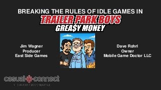 BREAKING THE RULES OF IDLE GAMES IN
Jim Wagner
Producer
East Side Games
Dave Rohrl
Owner
Mobile Game Doctor LLC
 