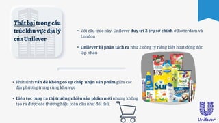 Thất bại trong cấu
trúc khu vực địa lý
của Unilever
• Phát sinh vấn đề không có sự chấp nhận sản phẩm giữa các
địa phương trong cùng khu vực
• Liên tục tung ra thị trường nhiều sản phẩm mới nhưng không
tạo ra được các thương hiệu toàn cầu như đối thủ.
• Với cấu trúc này, Unilever duy trì 2 trụ sở chính ở Rotterdam và
London
• Unilever bị phân tách ra như 2 công ty riêng biệt hoạt động độc
lập nhau
 