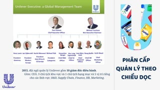 PHÂN CẤP
QUẢN LÝ THEO
CHIỀU DỌC
2015, đội ngũ quản lý Unilever gồm 10 giám đốc điều hành.
Gồm: CEO, 3 chủ tịch khu vực và 1 chủ tịch hạng mục và 5 vị trí riêng
cho các lĩnh vực: R&D, Supply Chain, Finance, HR, Marketing.
 