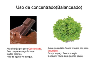 Baixa densidade.Pouca energia por peso
Volumoso.
Ocupa espaço.Pouca energia.
Consumir muito para ganhar pouco.
Alta energia por peso.Concentrado.
Sem ocupar espaço fornece
muitas calorias.
Pico de açúcar no sangue.
ANALOGIA 1
Uso de concentrado(Balanceado)
 