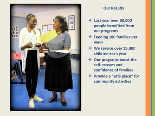 Our Results
 Last year over 30,000
people benefited from
our programs
 Feeding 100 families per
week
 We service over 25,000
children each year
 Our programs boost the
self-esteem and
confidence of families
 Provide a “safe place” for
community activities
 