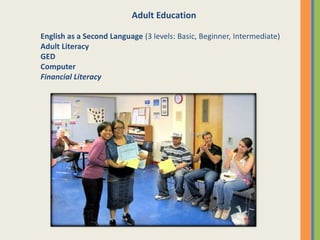 Adult Education
English as a Second Language (3 levels: Basic, Beginner, Intermediate)
Adult Literacy
GED
Computer
Financial Literacy
 