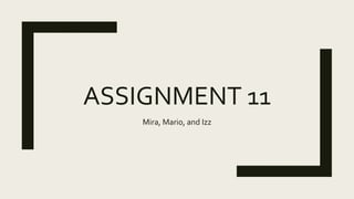 ASSIGNMENT 11
Mira, Mario, and Izz
 