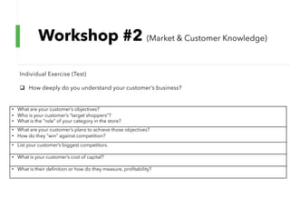 Workshop #2 (Market & Customer Knowledge)
Individual Exercise (Test)
q How deeply do you understand your customer’s business?
• What are your customer’s objectives?
• Who is your customer’s “target shoppers”?
• What is the “role” of your category in the store?
• What are your customer’s plans to achieve those objectives?
• How do they “win” against competition?
• List your customer’s biggest competitors.
• What is your customer’s cost of capital?
• What is their definition or how do they measure, profitability?
 