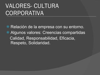 VALORES- CULTURA CORPORATIVA Relación de la empresa con su entorno. Algunos valores: Creencias compartidas Calidad, Responsabilidad, Eficacia, Respeto, Solidaridad. 
