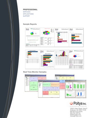 PROFESSIONAL
SERVICES
APPLICATIONS
SUPPORT
Sample Reports
3300 N. Main Street, Suite D
Anderson, SC 29621-4128
864.642.6103 phone
864.752.1568 fax
WWW.Poltys.com
Sales@Poltys.com
Real Time Monitor Samples
 