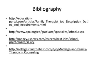 Bibliography
• http://education-
portal.com/articles/Family_Therapist_Job_Description_Duti
es_and_Requirements.html
•
http://www.apa.org/ed/graduate/specialize/school.aspx
•
http://money.usnews.com/careers/best-jobs/school-
psychologist/salary
•
http://colleges.findthebest.com/d/o/Marriage-and-Family-
Therapy_-_Counseling
 
