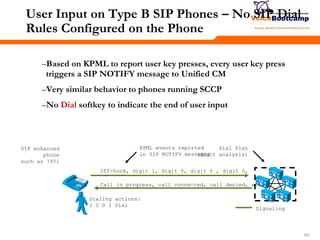 101101101
User Input on Type B SIP Phones – No SIP Dial
Rules Configured on the Phone
–Based on KPML to report user key presses, every user key press
triggers a SIP NOTIFY message to Unified CM
–Very similar behavior to phones running SCCP
–No Dial softkey to indicate the end of user input
KPML events reported
in SIP NOTIFY messages
Dial Plan
(digit analysis)
Off-hook, digit 1, digit 0, digit 0 , digit 0,
Call in progress, call connected, call denied, etc.
SIP enhanced
phone
such as 7971
Signaling
Dialing actions:
2 0 0 1 Dial
 