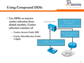 126126126
Using Compound DDIs
• Use DDIs to remove
carrier selection from
dialed number. Carrier
selection consists of:
– Carrier Access Code: 1010
– Carrier Identification Code:
3 digits
Match: 9.@
Discard:
PreDot 10-10-Dialing
User Dials:
9-1010-288-1-214-555-1212
Called Party:
12145551212
Unified CM
PSTN
 
