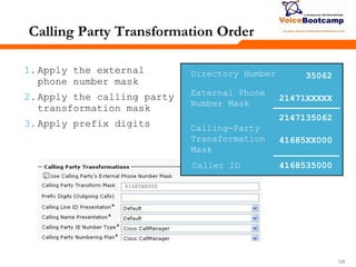 128128128
Calling Party Transformation Order
41685XX000
1.Apply the external
phone number mask
2.Apply the calling party
transformation mask
3.Apply prefix digits
35062
21471XXXXX
41685XX000
2147135062
4168535000
Directory Number
External Phone
Number Mask
Calling-Party
Transformation
Mask
Caller ID
√
 