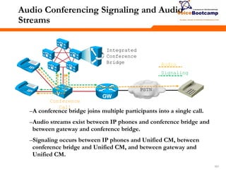 151151151
Audio Conferencing Signaling and Audio
Streams
–A conference bridge joins multiple participants into a single call.
–Audio streams exist between IP phones and conference bridge and
between gateway and conference bridge.
–Signaling occurs between IP phones and Unified CM, between
conference bridge and Unified CM, and between gateway and
Unified CM.
PSTN
Conference
Call
Audio
Signaling
Integrated
Conference
Bridge
 