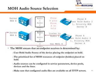 162162162
MOH Audio Source Selection
• The MOH stream that an endpoint receives is determined by:
–User Hold Audio Source of the device placing the endpoint on hold.
–The prioritized list of MOH resources of endpoint (holdee) placed on
hold.
–Audio sources can be configured in service parameters, device pools,
devices and the lines.
–Make sure that configured audio files are available on all TFTP servers.
Server
MOH B
Server
MOH A
Audio
1
Audio
2
Audio
3
Audio
4
Audio
1
Audio
2
Audio
3
Audio
4
Phone B
User Hold Audio 2
1. Priority MOH
Server B
Phone A
User Hold Audio 4
1. Priority MOH
Server A
Phone
B puts
Phone
A on
hold
Use MRGL A
Listen to
Audio 2
 