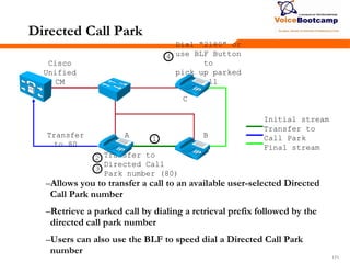 171171171
Directed Call Park
–Allows you to transfer a call to an available user-selected Directed
Call Park number
–Retrieve a parked call by dialing a retrieval prefix followed by the
directed call park number
–Users can also use the BLF to speed dial a Directed Call Park
number
Cisco
Unified
CM
Dial ―2180‖ or
use BLF Button
to
pick up parked
call
Transfer to
Directed Call
Park number (80)
Transfer
to 80
A B
C
3
2
1
Initial stream
Transfer to
Call Park
Final stream
4
 