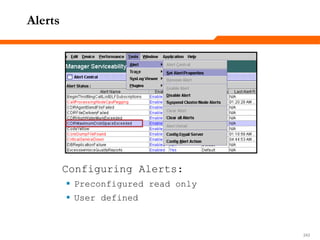 242242242
Alerts
Configuring Alerts:
 Preconfigured read only
 User defined
 