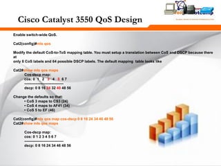 269269269
Cisco Catalyst 3550 QoS Design
Enable switch-wide QoS.
Cat2(config)#mls qos
Modify the default CoS-to-ToS mapping table. You must setup a translation between CoS and DSCP because there
at
only 8 CoS labels and 64 possible DSCP labels. The default mapping table looks like
Cat2#show mls qos maps
Cos-dscp map:
cos: 0 1 2 3 4 5 6 7
--------------------------------
dscp: 0 8 16 24 32 40 48 56
Change the defaults so that:
• CoS 3 maps to CS3 (24)
• CoS 4 maps to AF41 (34)
• CoS 5 to EF (46)
Cat2(config)#mls qos map cos-dscp 0 8 16 24 34 46 48 56
Cat2#show mls qos maps
Cos-dscp map:
cos: 0 1 2 3 4 5 6 7
--------------------------------
dscp: 0 8 16 24 34 46 48 56
 