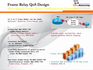 279279279
Frame Relay QoS Design
Slow-Speed Frame Relay Configuration Example
<a 3 to 5 Class Model can be used>
Optional: Enabling Class-Based cRTP
!
policy-map MQC-FRTS-768
class class-default
shape average 729600 7296 0 ! CIR=95% rate, Bc=CIR/100, Be=0
service-policy WAN-EDGE ! Queues packets before shaping
!
!
interface Serial2/0
no ip address
encapsulation frame-relay
!
interface Serial2/0.12 point-to-point
frame-relay interface-dlci 102
class FR-MAP-CLASS-768 ! Binds the map-class to the FR DLCI
!
!
map-class frame-relay FR-MAP-CLASS-768
service-policy output MQC-FRTS-768 ! Attaches MQC policies to FR map-class
frame-relay fragment 960 ! Enables FRF.12
!
WAG
BR
FR Link ≤ 768 kbps
Frame
Relay
Cloud
 